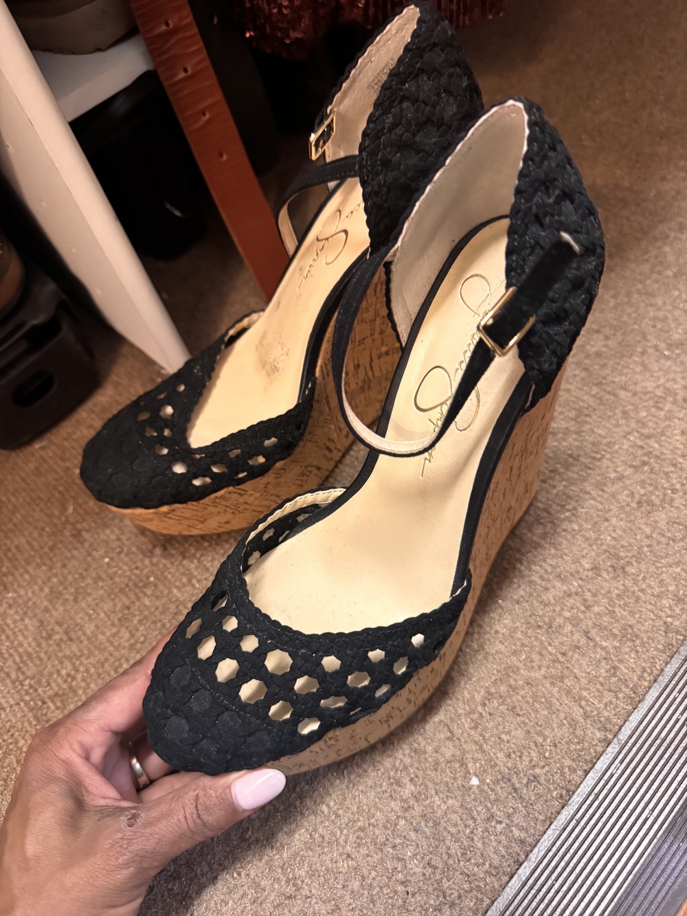 Jessica Simpson Black Woven Cork Platform Wedges